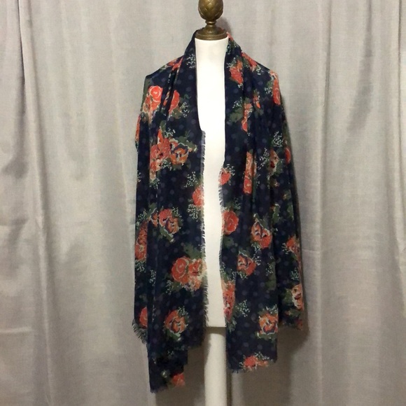 Large Lightweight Scarf-Floral/Polka Dot-Navy/Red-72x27-EUC - Picture 4 of 11